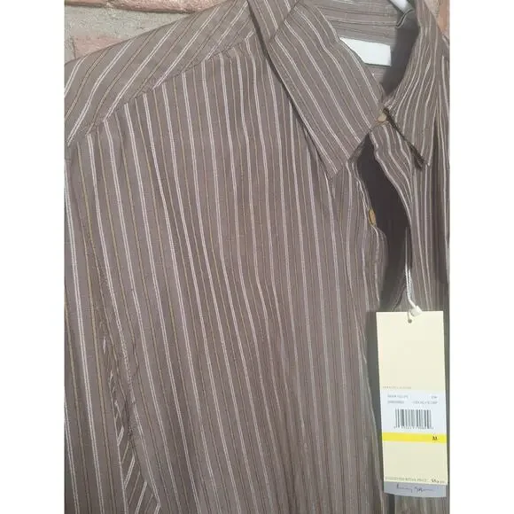 Perry Ellis Shirt Mens M Brown Striped Silk Blend Hidden Button Dress NWT - Picture 5 of 6